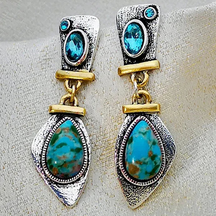Vintage Blue Rhinestone Green Stone Tribal Zinc Alloy Drop Earrings for Women