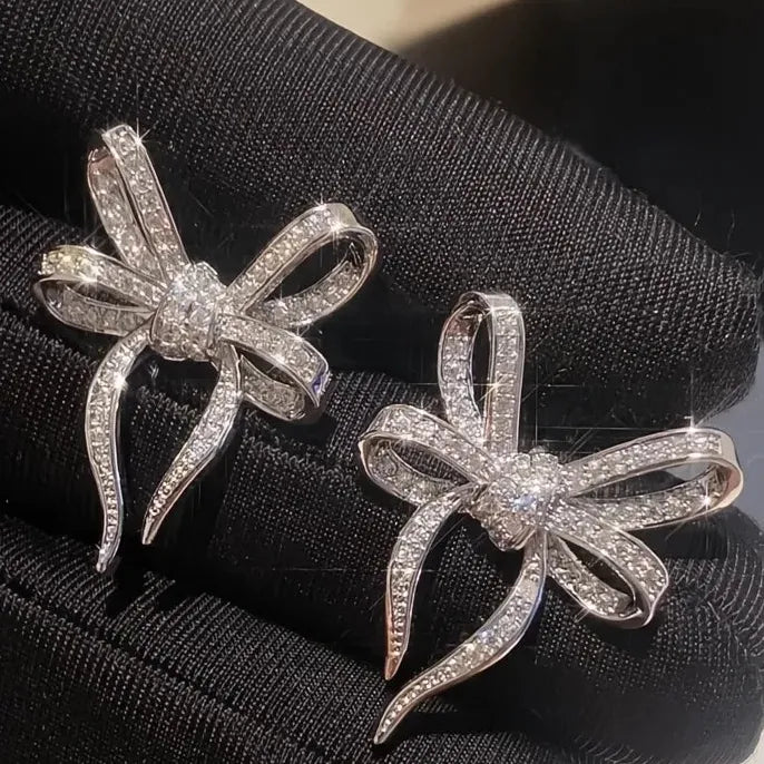Bow Shaped Cubic Zirconia Stud Earrings Romantic Wedding Copper Alloy Jewelry