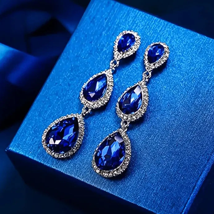 Geometric Black & Blue Pear Cubic Zirconia Long Drop Earrings for Women