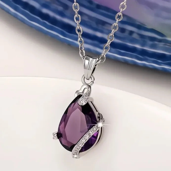 Purple Pear Cubic Zirconia Pendant Necklace for Women Anniversary Gift