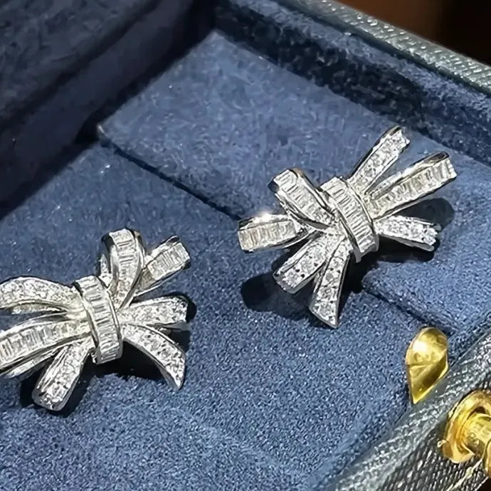 Bowknot Women Stud Earrings Copper CZ Shining Party Engagement Jewelry