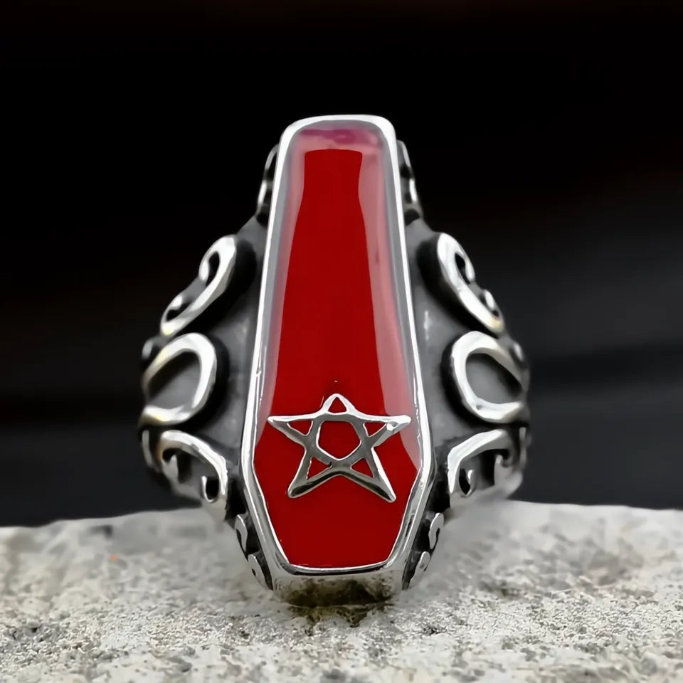 Gothic Vintage Stainless Steel Vampire Coffin Ring with Pentagram Star Unisex Jewelry