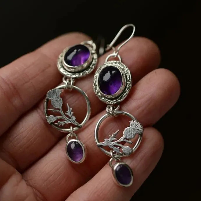 Retro Bohemian Purple Synthetic Stone Drop Earrings Women Ethnic Beach Party