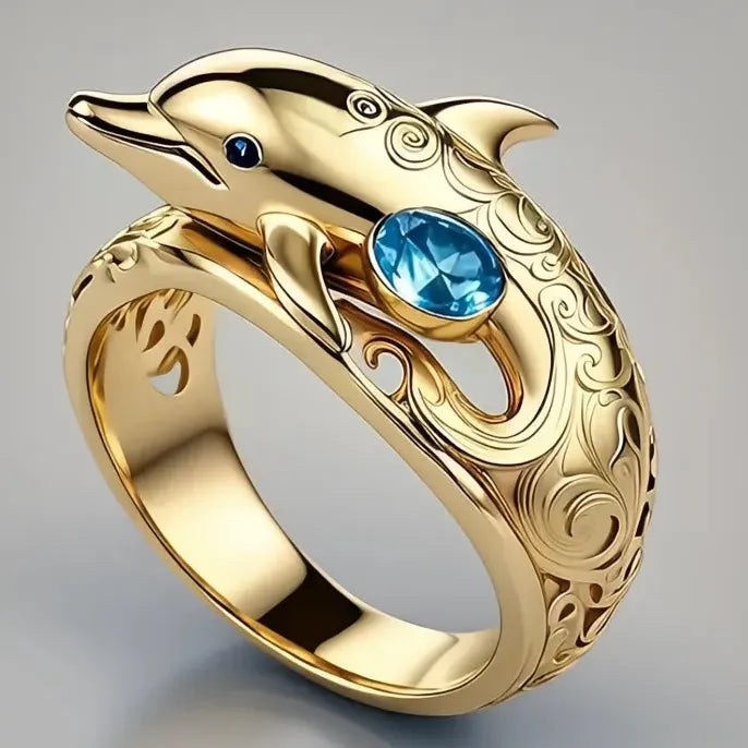 Women’s Brass Dolphin Cocktail Ring with Blue CZ Cubic Zirconia Animal Design