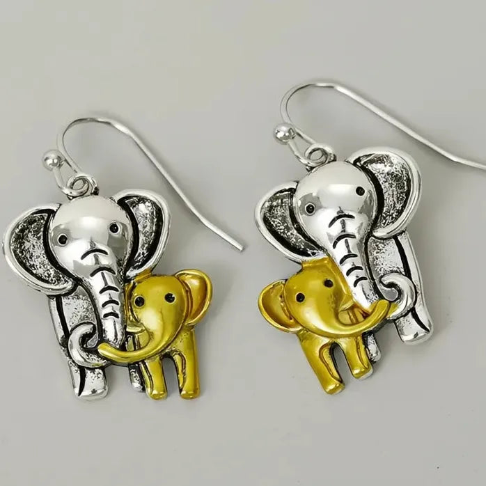 Vintage Brass Mother and Baby Elephant Dangle Earrings for Women Gift