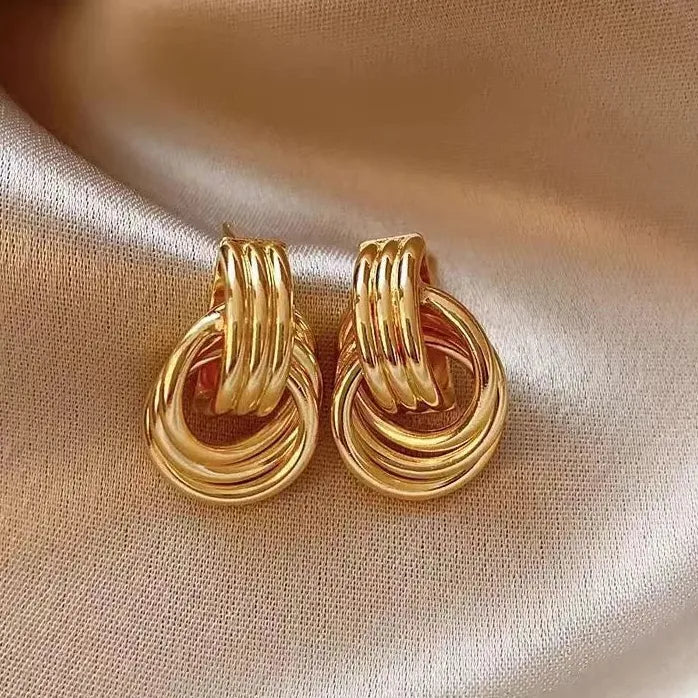 Gold Copper Alloy Three-Layer Textured Knot Earrings Women Vintage Jewelry