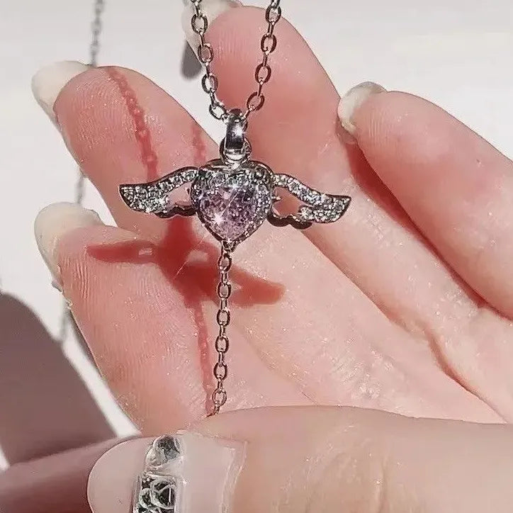 Vintage Gothic Heart Angel Wings Zinc Alloy Pendant Necklace Women