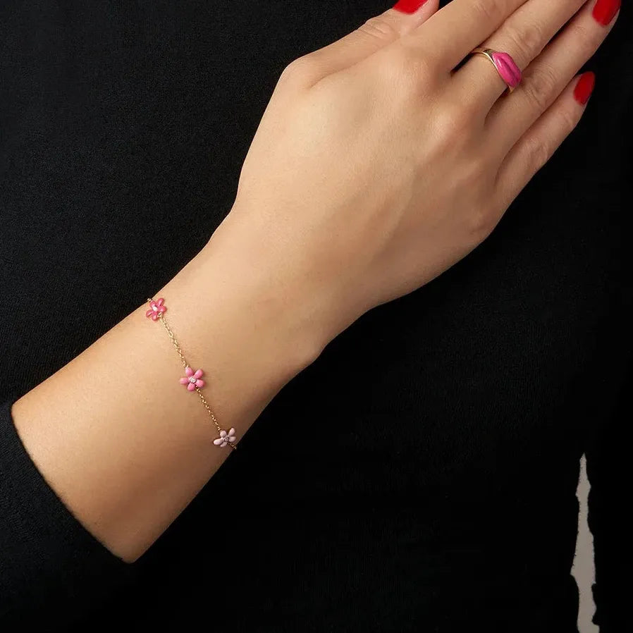 18K Gold Plated Stainless Steel Multicolor Enamel Flower Charm Bracelet for Girls