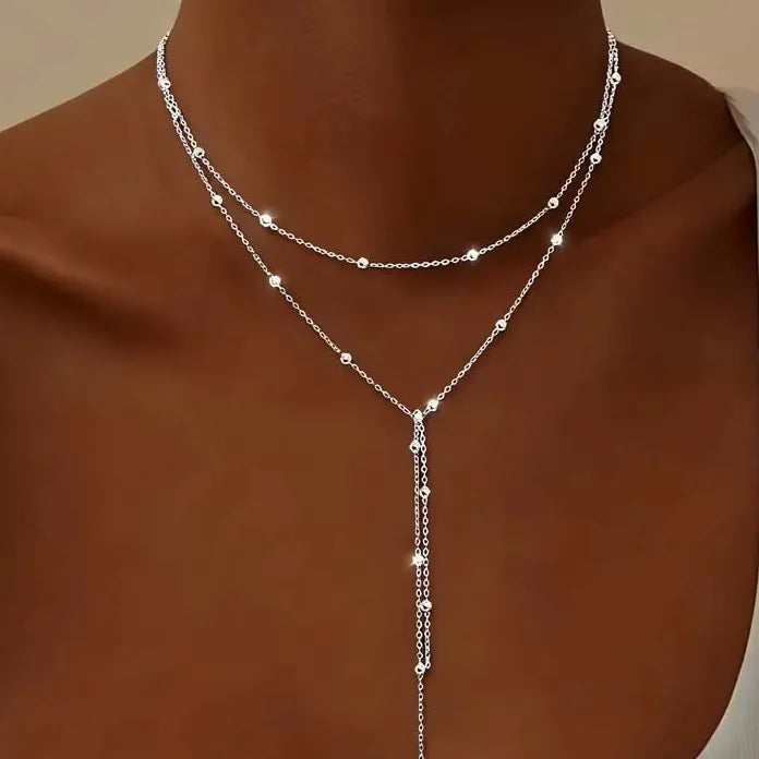 Bohemia Silver Ball Chain Necklace for Women Y-Shaped Tassel Pendant Jewelry