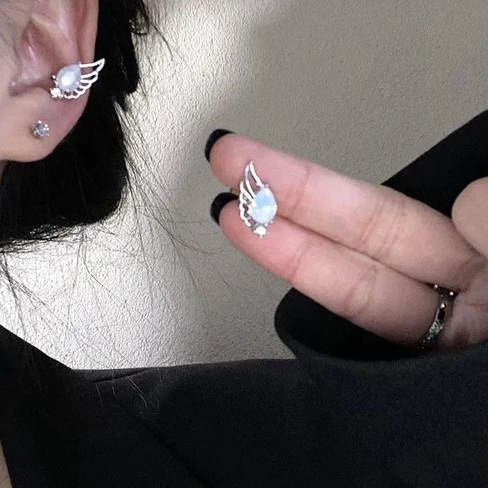 Elegant Zircon Crystal Wing Clip-On Earrings for Women Without Pierced Ears