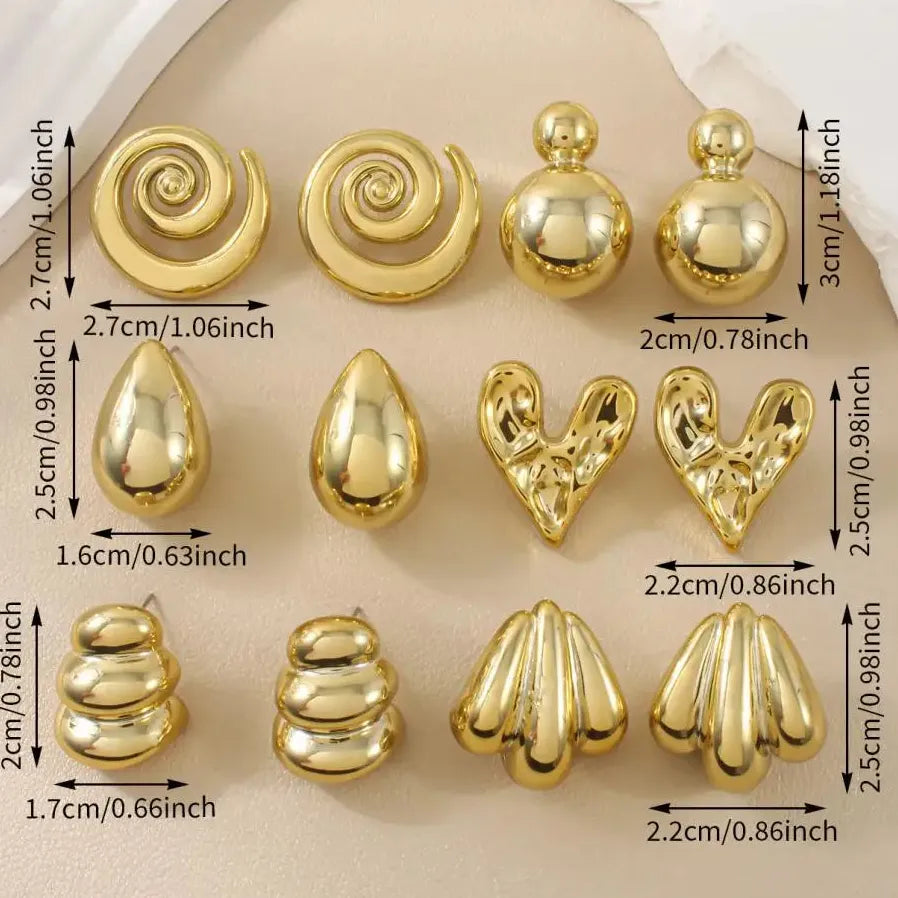6 Pairs Vintage Gold Heart-Shaped Spiral Water Droplet Earrings for Women
