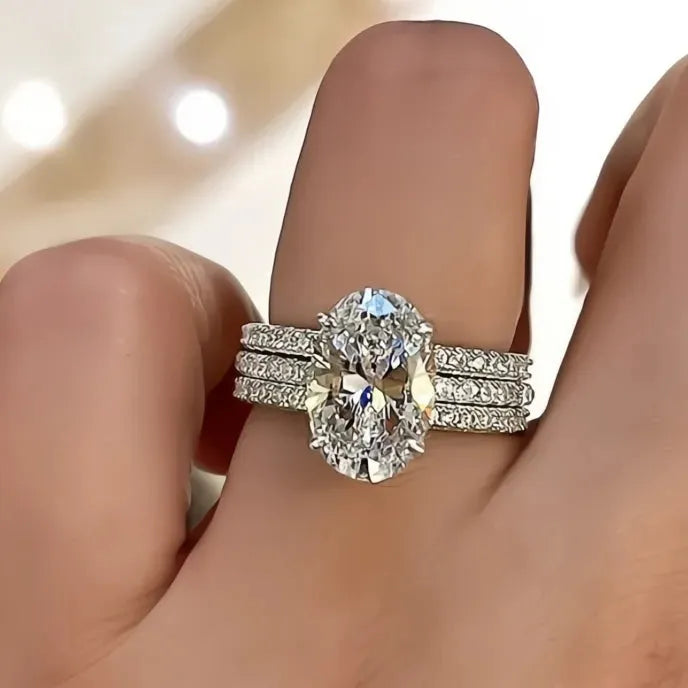Oval Cubic Zirconia 3Pcs Bridal Wedding Rings Set for Women Silver Color Trendy Jewelry