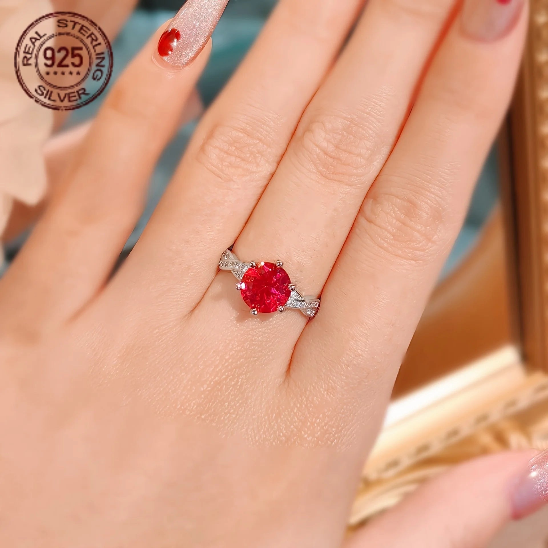 2CT Lab Ruby Round Cut Engagement Ring 925 Sterling Silver Women