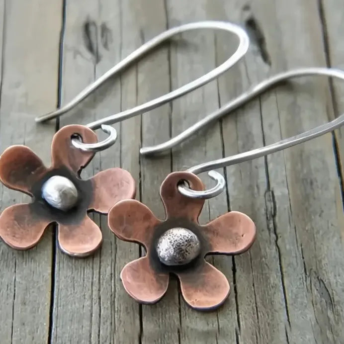 Vintage Two Tone Geometric Flower Drop Earrings Metal Jewelry for Women