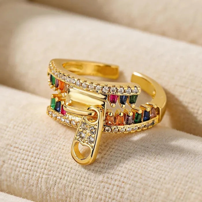 Copper Metal Zipper Open Ring Featuring Zircon Crystal for Women Personality