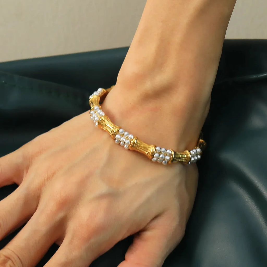 18K Gold Open Bamboo Pearl Bangle CZ Zircon Waterproof Bracelet for Women