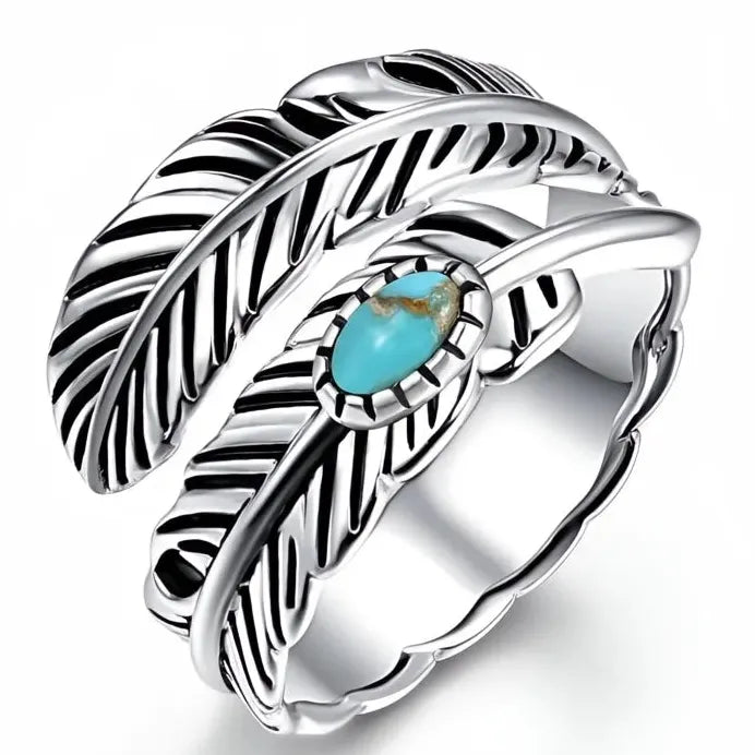 Vintage Feather Ring with Imitation Turquoise for Women Silver Jewelry