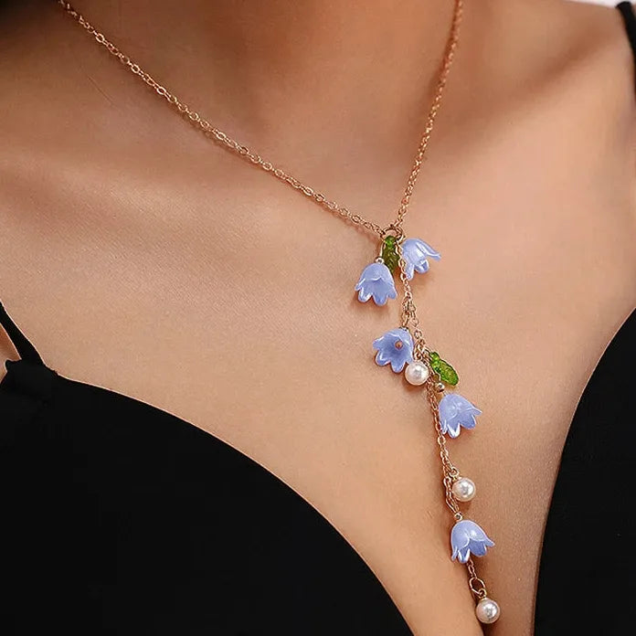 Tassel Valley Vintage Y-Shaped Lily Flower Pearl Pendant Necklace for Women