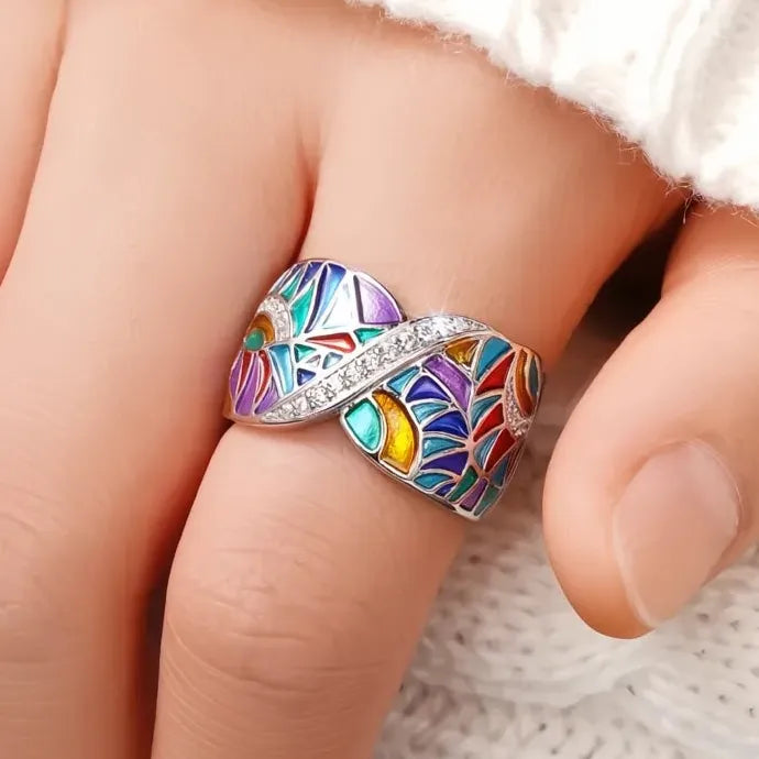 Colorful Women’s Geometric Brass Ring with Shining Cubic Zirconia Jewelry