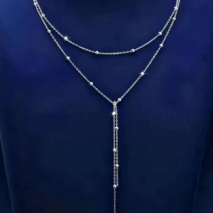 Bohemia Silver Ball Chain Necklace for Women Y-Shaped Tassel Pendant Jewelry