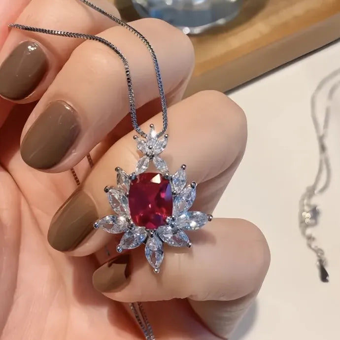 Red Blue Cubic Zirconia Geometric Pendant Necklace Copper Alloy Wedding Party