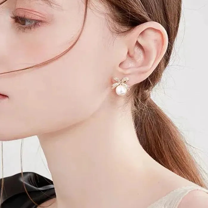 French Elegant Copper Alloy Bowknot Pearl Pendant Drop Earrings 2024 Jewelry Women