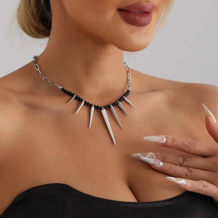 Punk Black Beads Rivet Choker Necklace Men Women Spike Tassel Y2K Jewelry