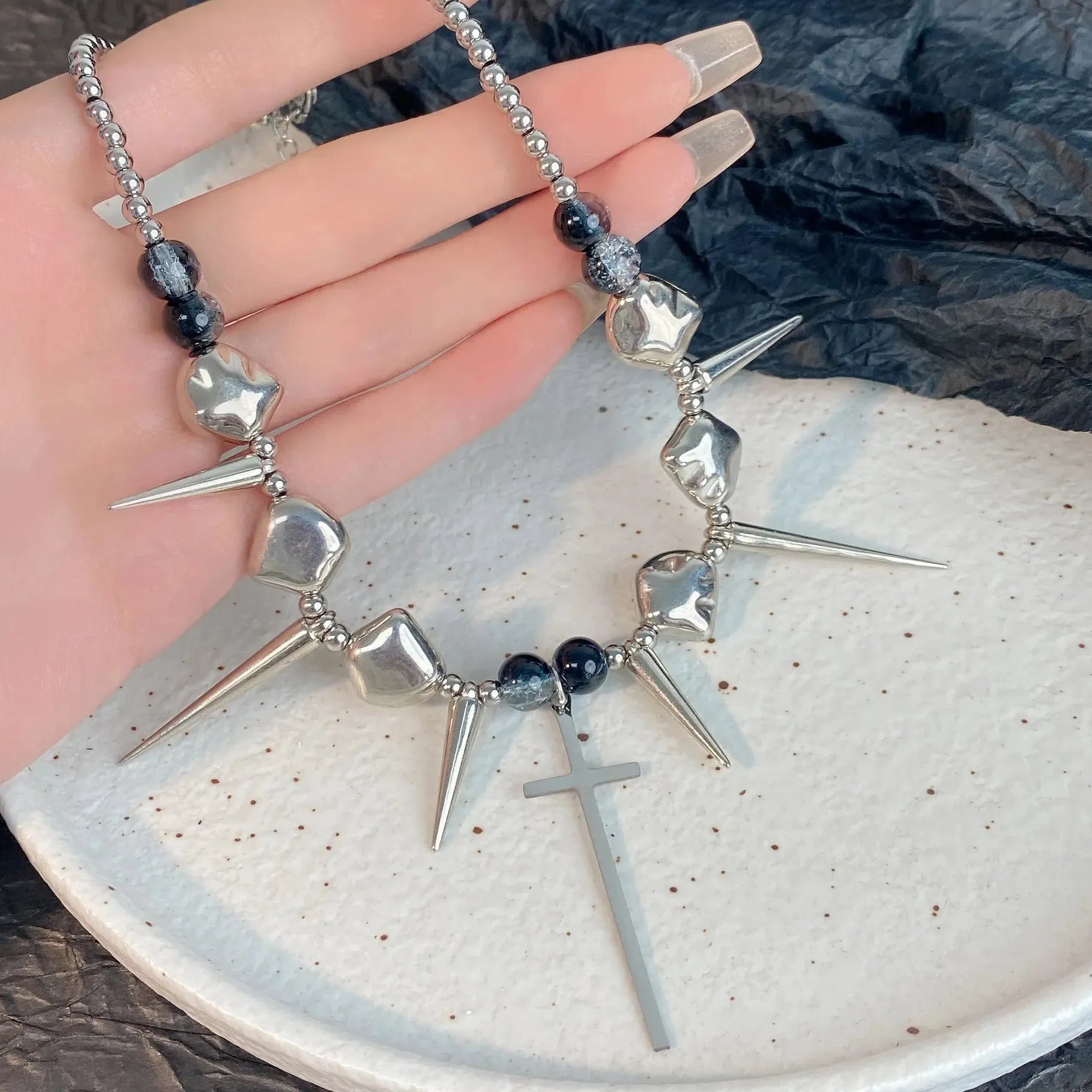 Stainless Steel Retro Y2K Long Spike Rivet Cross Necklace Hip Hop Jewelry