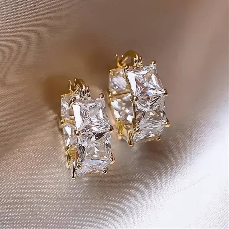Princess Square White Black Cubic Zirconia Hoop Earrings for Women Elegant Wedding Jewelry