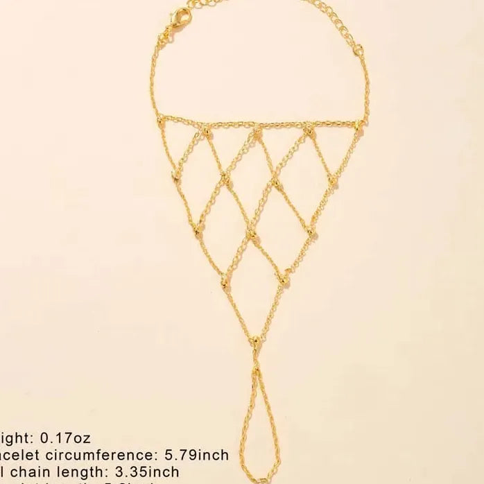 Bohemian Gold Mesh Hand Chain Bracelet Ring for Women Copper Rhinestone Bridal Gift