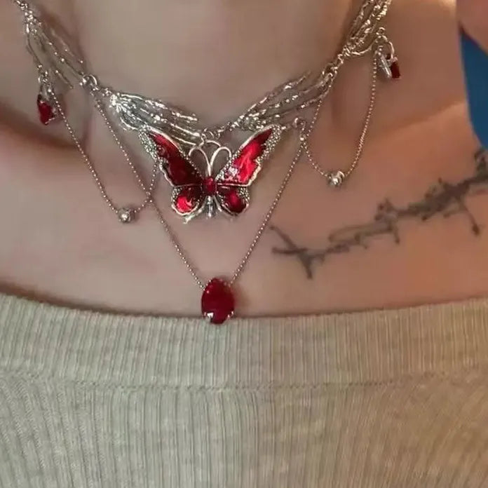 Gothic Red Crystal Butterfly Pendant Silver Ghost Claw Short Choker Necklace Women Jewelry