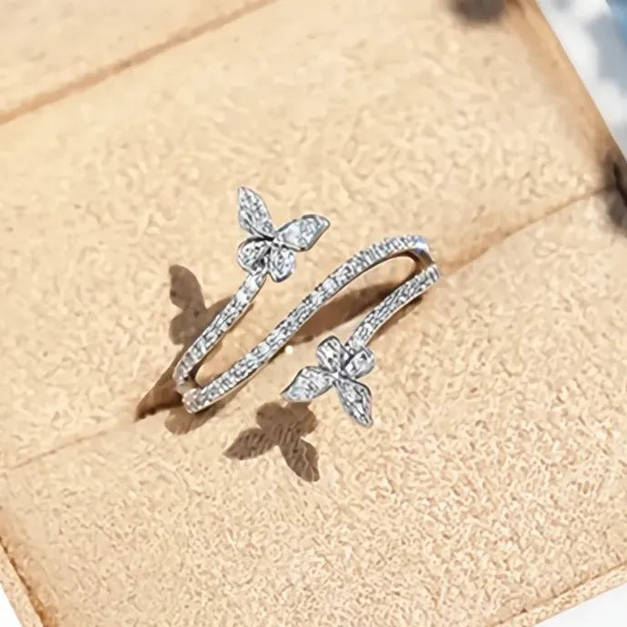 Delicate Silver Butterfly Brass Ring with Cubic Zirconia for Women Wedding Party Jewelry