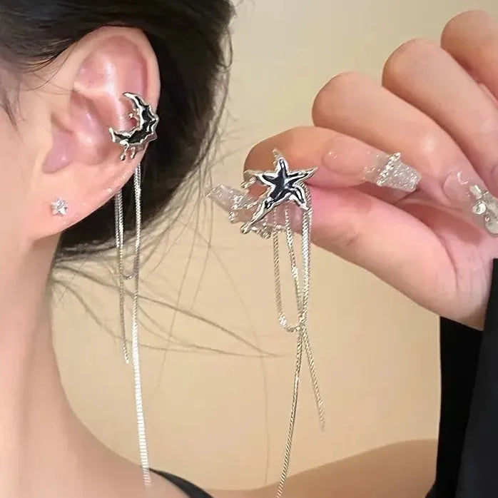 Punk Black Asymmetric Moon Star Clip Earrings Tassel Ear Cuff Jewelry