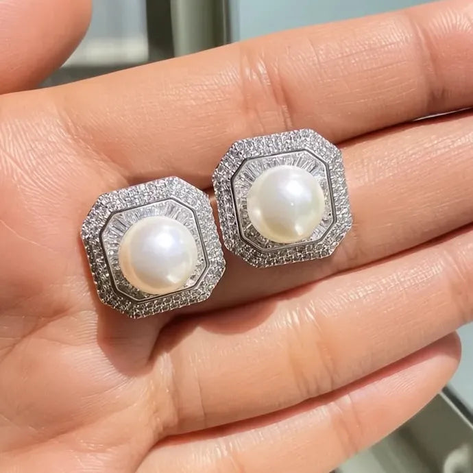 Luxury Geometric Copper Alloy Pearl Stud Earrings Wedding Jewelry for Women
