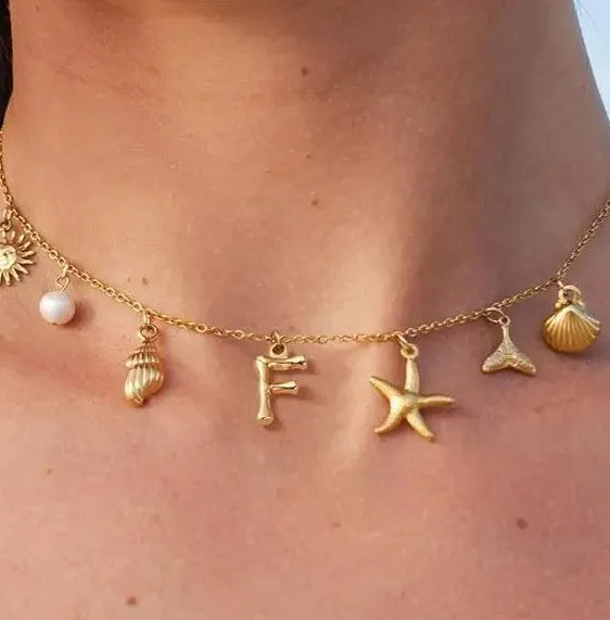 Copper Surfer Girl Seashell Initial Choker Necklace Beach Jewelry Gift