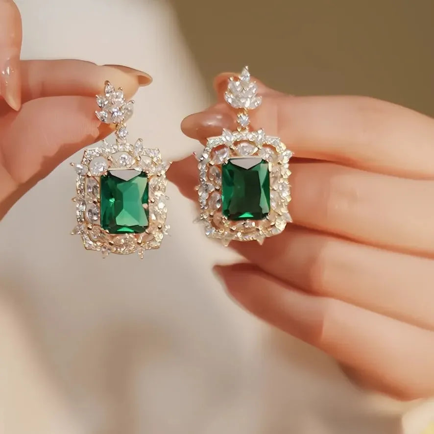 Green Cubic Zirconia Geometric Drop Earrings Luxury Wedding Jewelry for Women