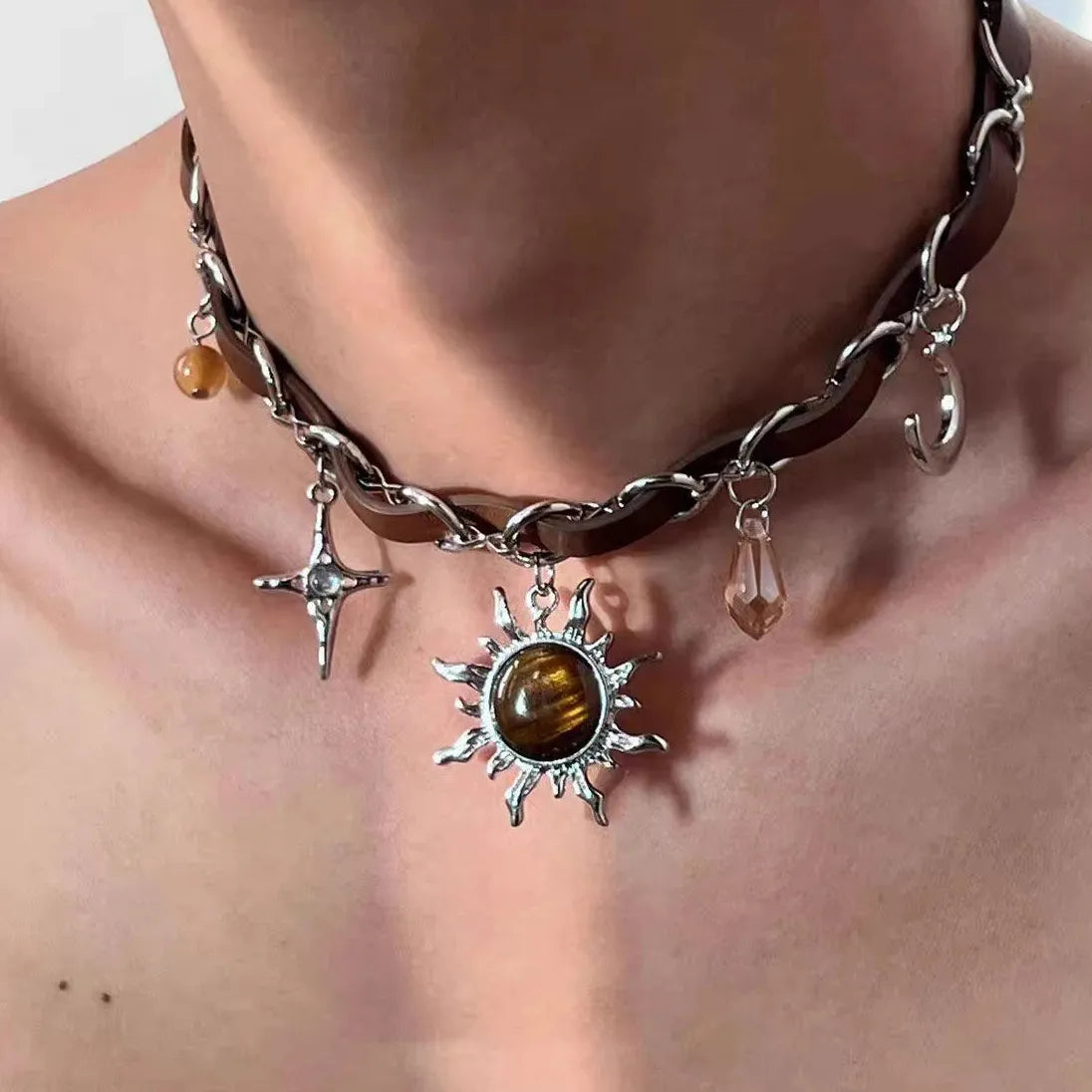 Double-Layer Punk Imitation Pearl Necklace Featuring Zircon Geometric Pendant for Men Women