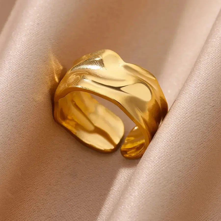 Gold Stainless Steel Irregular Geometric Chunky Wedding Band Ring for Women