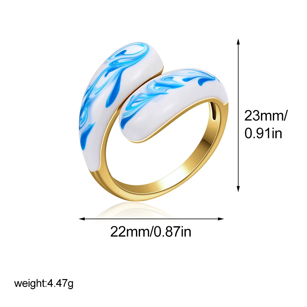 18k Gold Plated Stainless Steel Blue White Porcelain Waterdrop Dome Ring Geometric