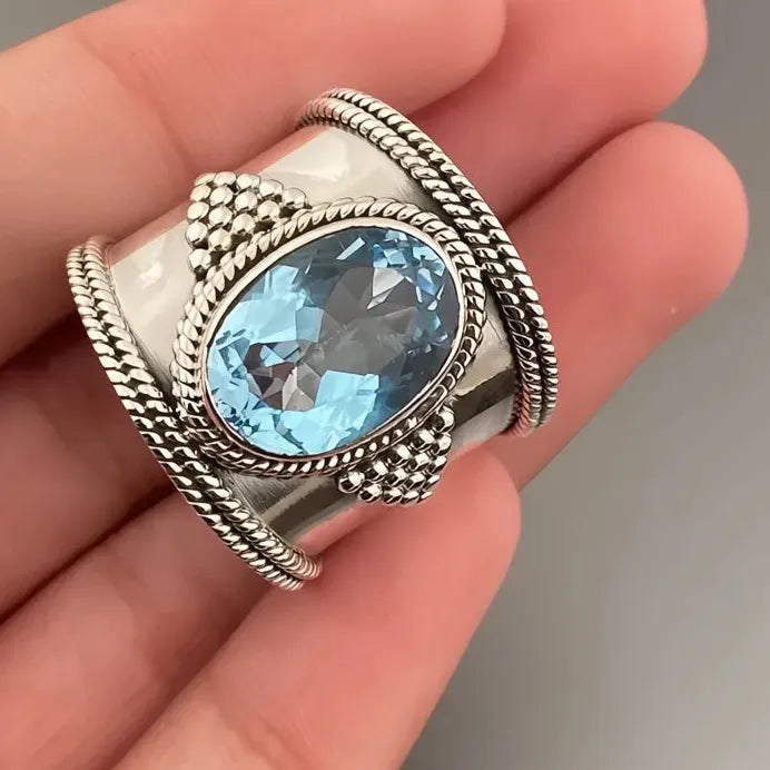 Silver Wide Blue Cubic Zirconia Cocktail Ring for Women Anniversary Party