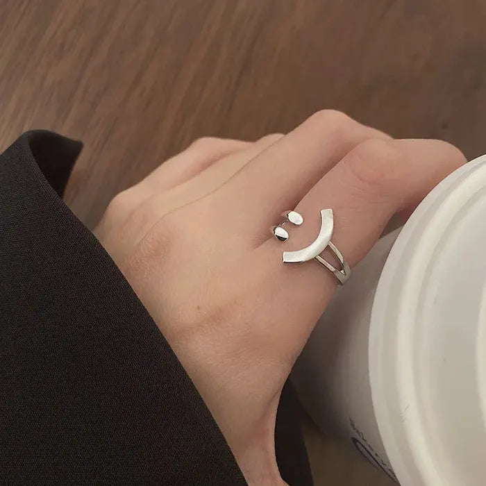 Adjustable Silver Smile Shape Ring for Women Vintage Jewelry Gift Fashion