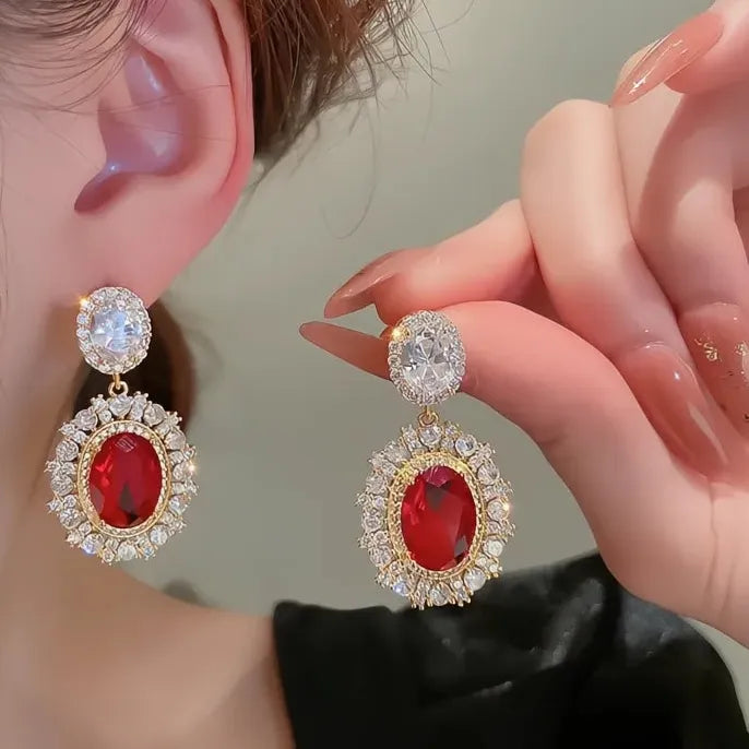 Gold Red CZ Geometric Drop Earrings for Women Wedding Party Jewelry