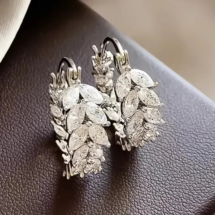 Geometric Hoop Earrings with Leaf Cubic Zirconia Copper Alloy for Women