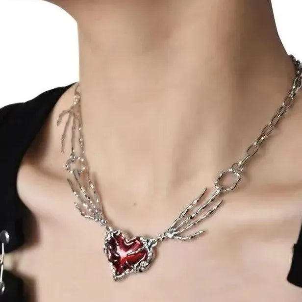 Gothic Red Crystal Butterfly Pendant Silver Ghost Claw Short Choker Necklace Women Jewelry