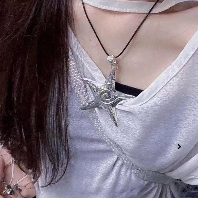 Exaggerated Metal Starfish Pendant Necklace Women Gothic Hip Hop Silver Y2K Jewelry