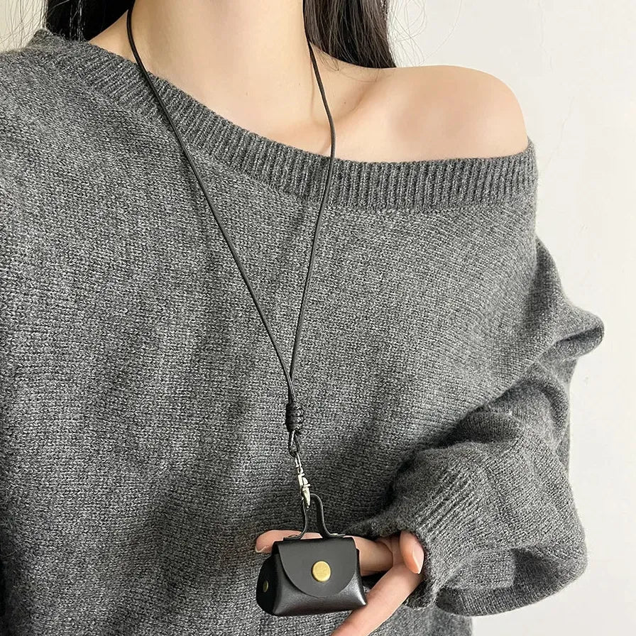 Leather Hanging Neck Coin Purse Pendant Necklace with Long Chain for Women