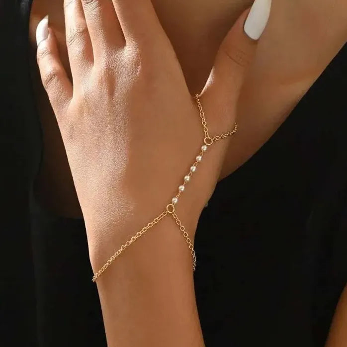 Gold Pearl Cross Hand Chain Bracelet Rings for Women Girls Jewelry Gift