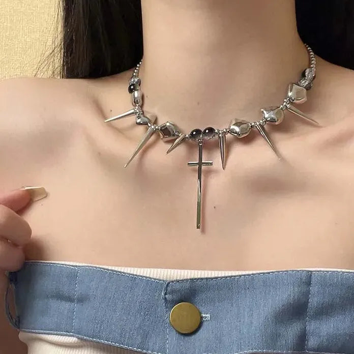 Retro Silver Rivet Cross Pendant Necklace Unisex Punk Hip Hop Y2K Gift