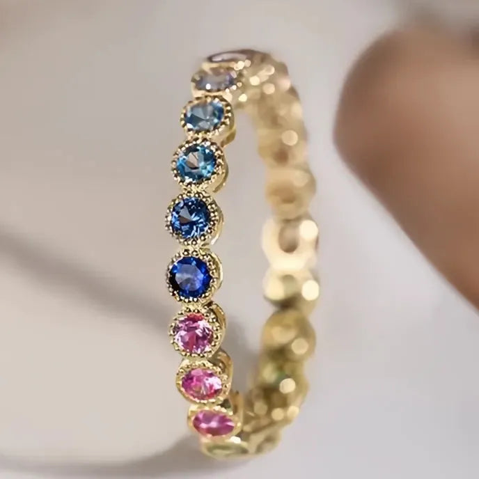 Colorful Rainbow Cubic Zirconia Promise Ring for Women Gold Tone Trendy Wedding Jewelry