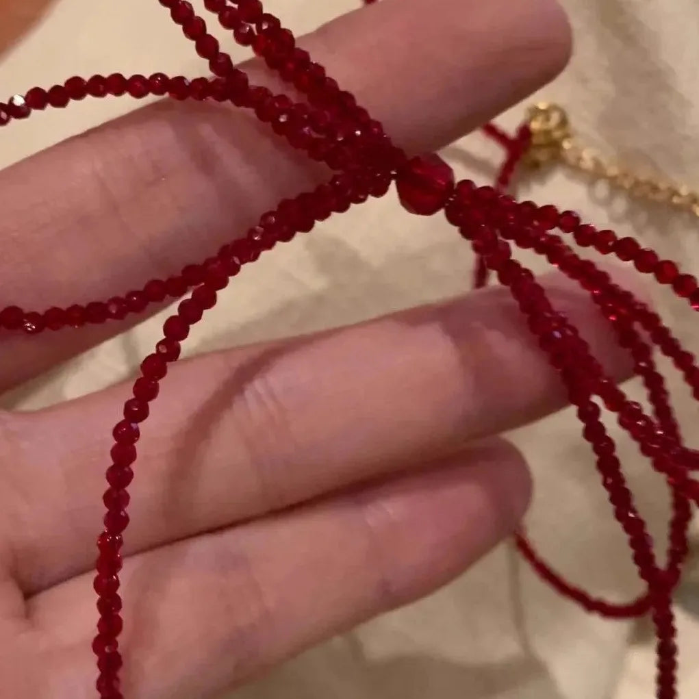 Vintage Red Crystal Bead Bow Necklace Women Girls Long Tassel Choker Y2K Jewelry
